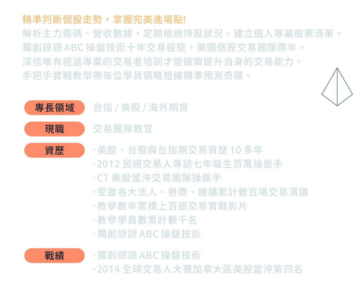 精準判斷個股走勢，掌握完美進場點! 解析主力籌碼、營收數據，定期檢視持股狀況，建立個人專屬股票清單。 獨創諒諒 ABC 操盤技術十年交易經驗，美國個股交易團隊兩年。 深信唯有經過專業的交易者培訓才能確實提升自身的交易能力。 手把手實戰教學帶每位學員領略短線精準預測奇蹟。